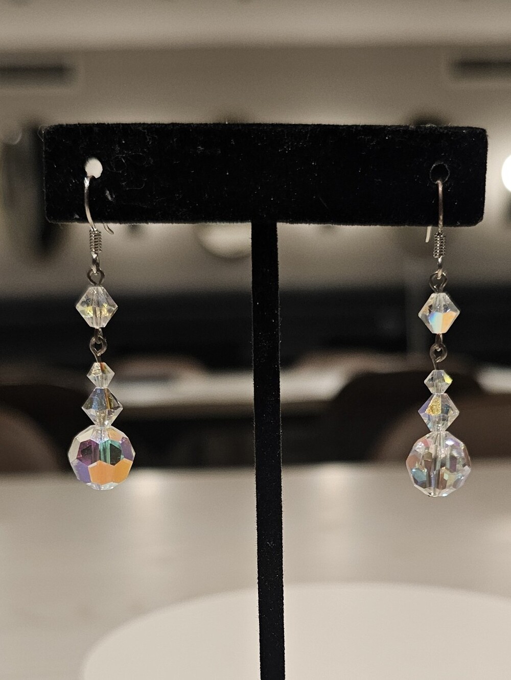 Vintage AB Crystal Glass Dangle Earrings 1960s Rainbow